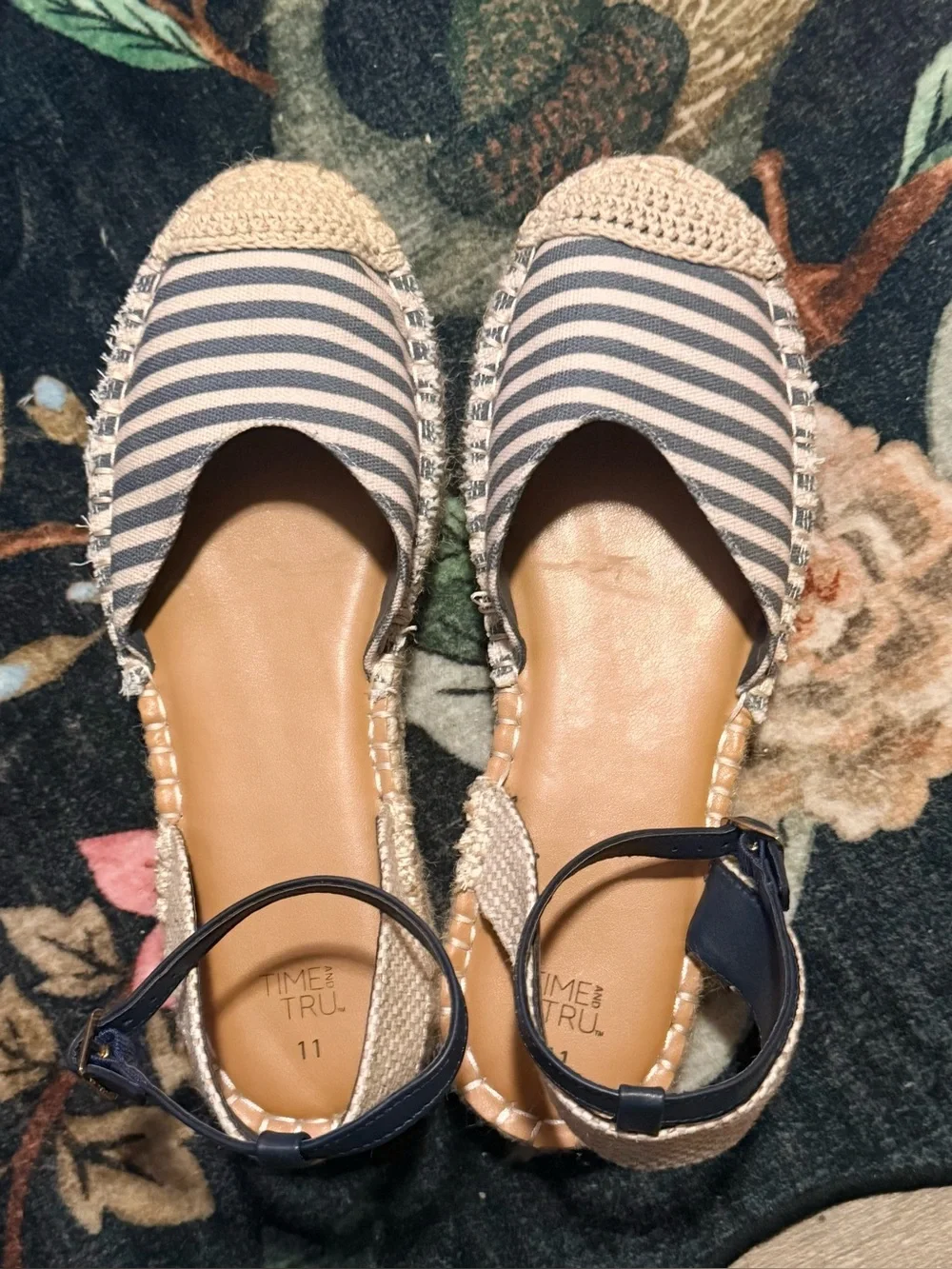 Striped Espadrille Sandals with Ankle Strap - Navy/White
